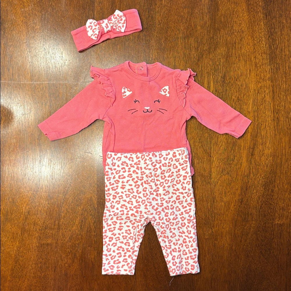 6 Month Girl Pink Cat Print Baby Outfit with Headband